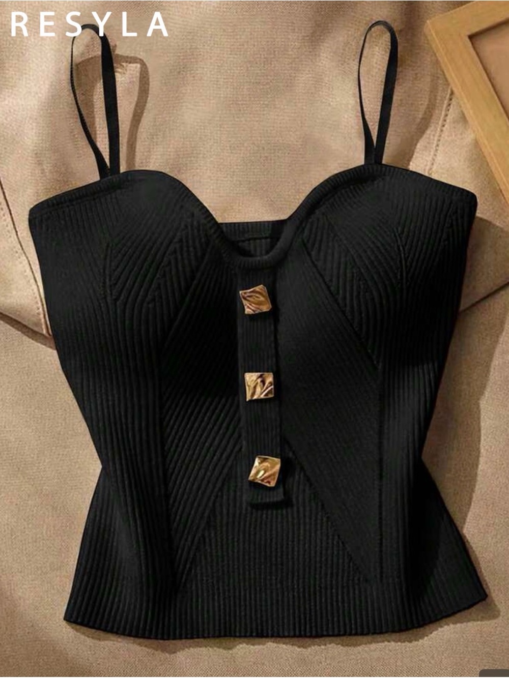 SHEIN Black Ribbed Button-Front Cami with Gold Accents